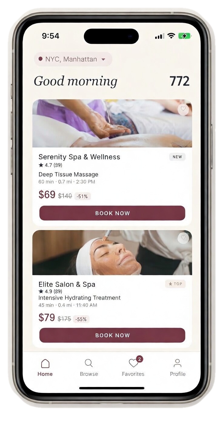 772 app showing spa deals with discounted prices